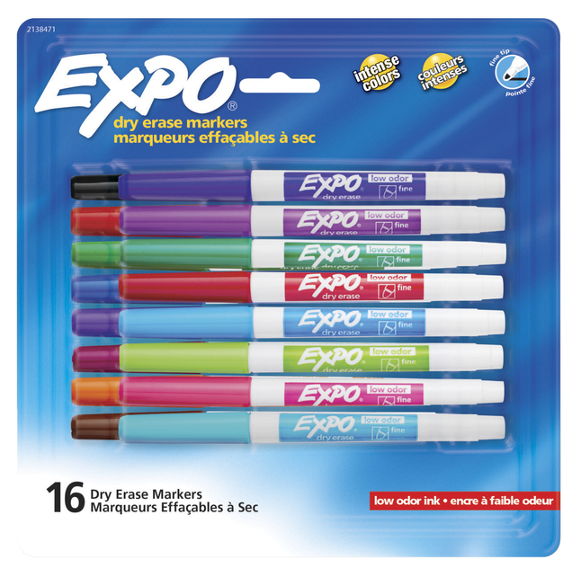 Expo Low-Odor Dry Erase Fine Tip Markers, Assorted Colors, 16 Count