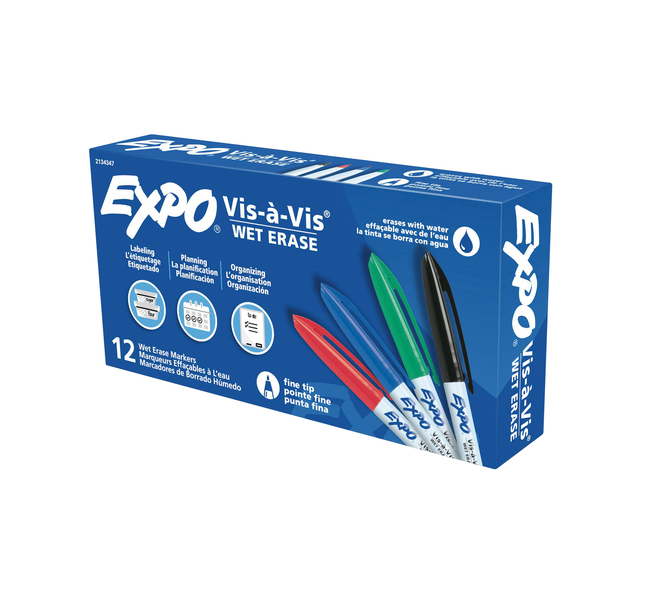 EXPO Vis-A-Vis Wet Erase Markers, Fine Point, Assorted Colors, Set of 12, Item Number 2086819