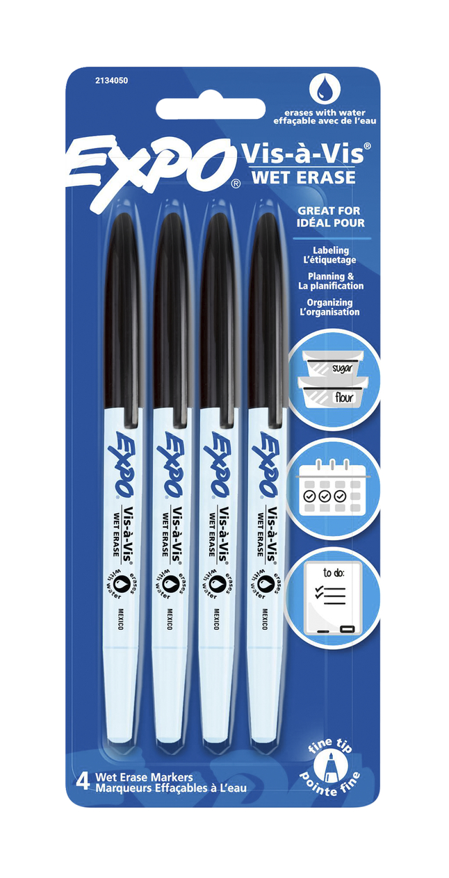 EXPO Vis-A-Vis Wet Erase Markers, Fine Point, Black, Pack of 4, Item Number 2086821
