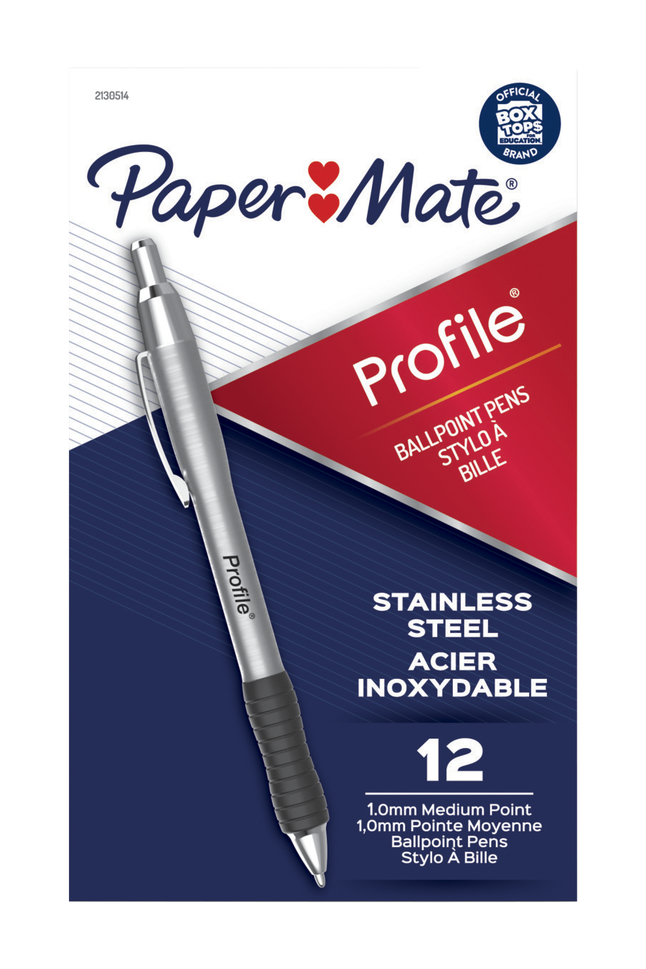 Image for Paper Mate Profile Retractable Ballpoint Pens with Stainless Steel Barrel, 1.0 mm Tip, Black Ink, Pack of 12 from School Specialty