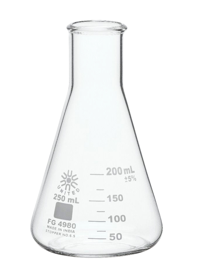 United Scientific Erlenmeyer Flask, Narrow Mouth, Borosilicate Glass, 250ml, Item Number 2089974