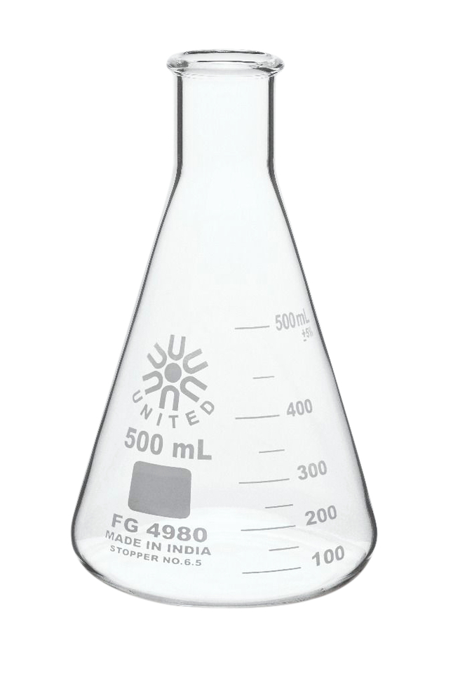 United Scientific Erlenmeyer Flask, Narrow Mouth, Borosilicate Glass, 500ml, Item Number 2089979