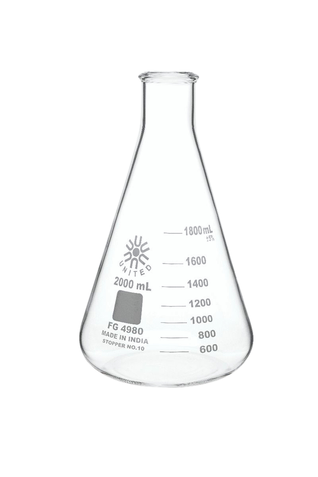United Scientific Erlenmeyer Flask, Narrow Mouth, Borosilicate Glass, 2000ml, Item Number 2089984