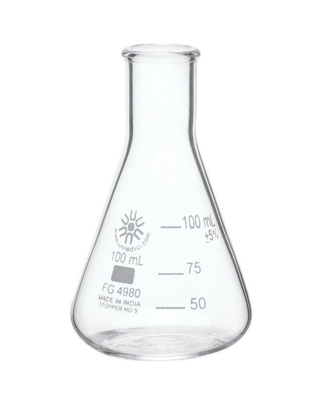 United Scientific Erlenmeyer Flask, Narrow Mouth, Borosilicate Glass, 100ml, Item Number 2090001