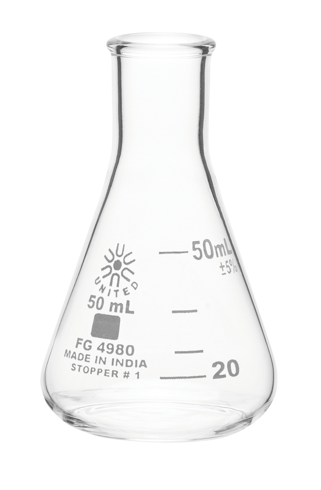 United Scientific Erlenmeyer Flask, Narrow Mouth, Borosilicate Glass, 50ml, Item Number 2090005