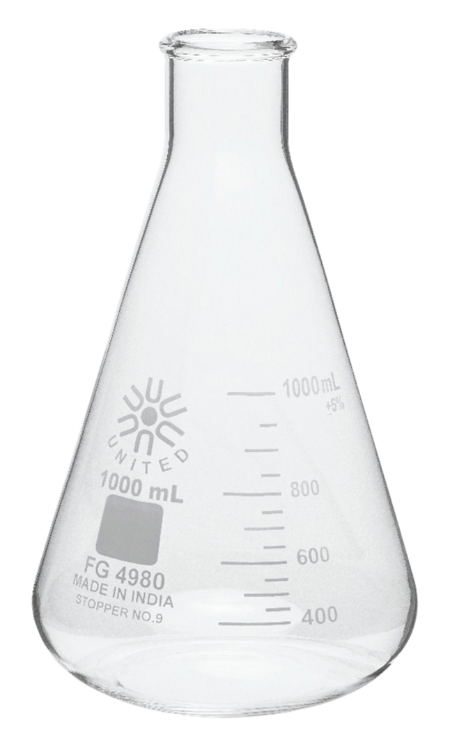 United Scientific Erlenmeyer Flask, Narrow Mouth, Borosilicate Glass, 1000ml, Item Number 2090006