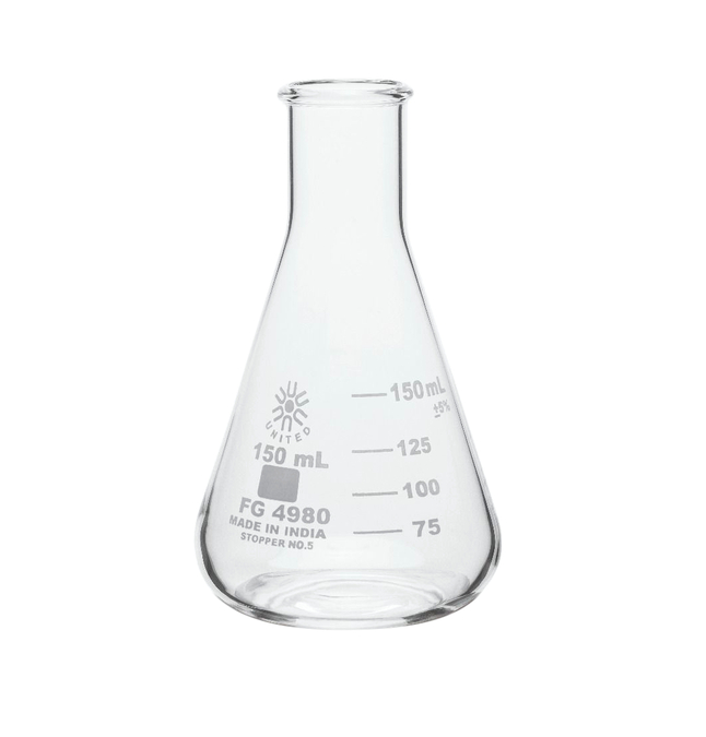 United Scientific Erlenmeyer Flask, Narrow Mouth, Borosilicate Glass, 150ml, Item Number 2090015