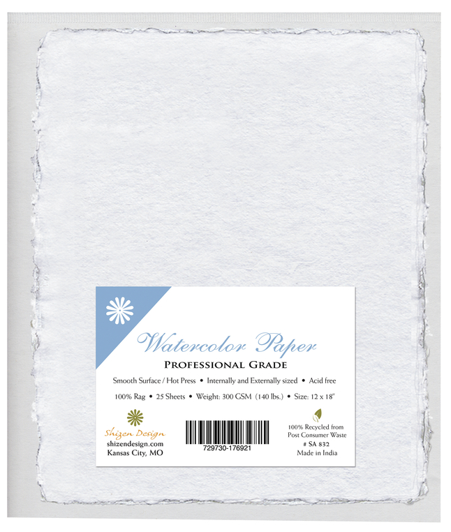Shizen Professional Watercolor Paper, 12 x 18 Inches, White, 25 Sheets, Item Number 2090749