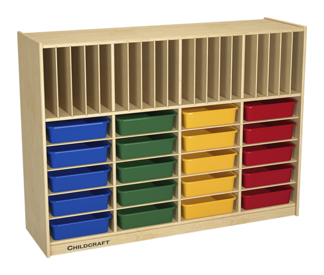 Childcraft Mobile Flat Tray and Folder Cubby Unit, 47-3/4 x 14-1/4 x 36 Inches, 20 Assorted Color Flat Trays, Item Number 2092041
