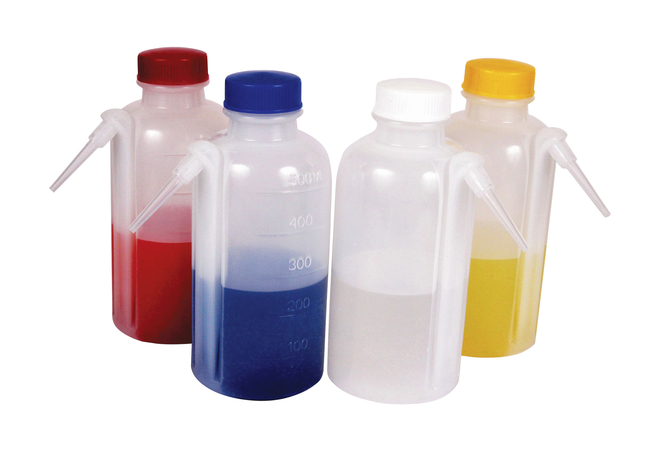 United Scientific Wash Bottles, Unitary, Colored Caps, 500 Milliliters, Item Number 2093032