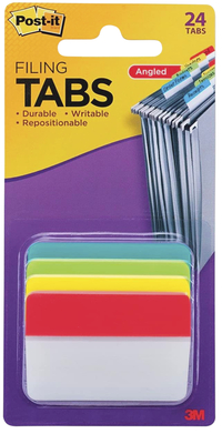 Post-it Filing Tabs, 2 Inches, Angled, Assorted Bright Colors, Pack of 24, Item Number 2099550