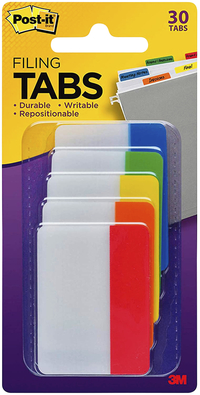 Post-it Filing Tabs, 2 Inches, Flat, Assorted Primary Colors, Pack of 30, Item Number 2099551
