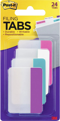 Post-it Filing Tabs, 2 Inches, Flat, Assorted Pastel Colors, Pack of 24, Item Number 2101144