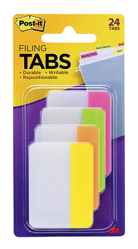 Post-it Filing Tabs, 2 Inches, Flat, Assorted Bright Colors, Pack of 24, Item Number 2101145