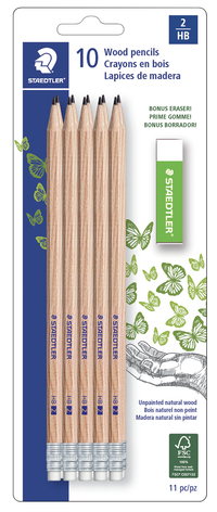 Staedtler Round Barrel HB2 Unpainted Woodcased Pencil, Pack of 10 Plus 1 Bonus Eraser, Item Number 2102272