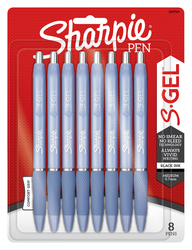 Sharpie S-Gel, Gel Pens, Blue Fashion Barrel, Medium Point 0.7mm, Black Ink, Pack of 8, Item Number 2102342