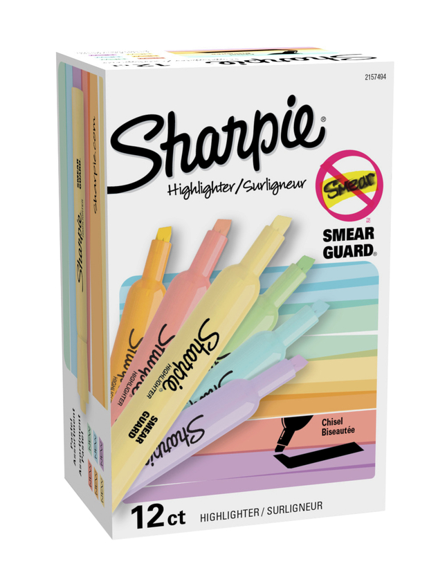 Sharpie Tank Highlighters, Mild Pastel Colors, Assorted, Chisel Tip, Pack of 12, Item Number 2102345