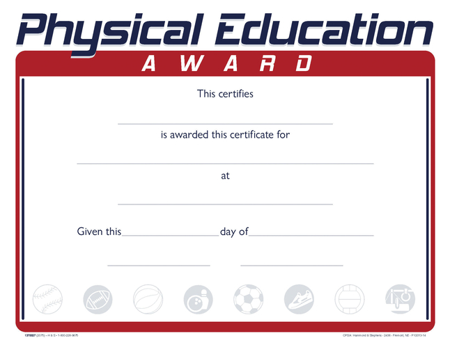 Hammond & Stephens Raised Print Physical Education Recognition Award, 11 x 8-1/2 inches, Pack of 25, Item Number 2103090
