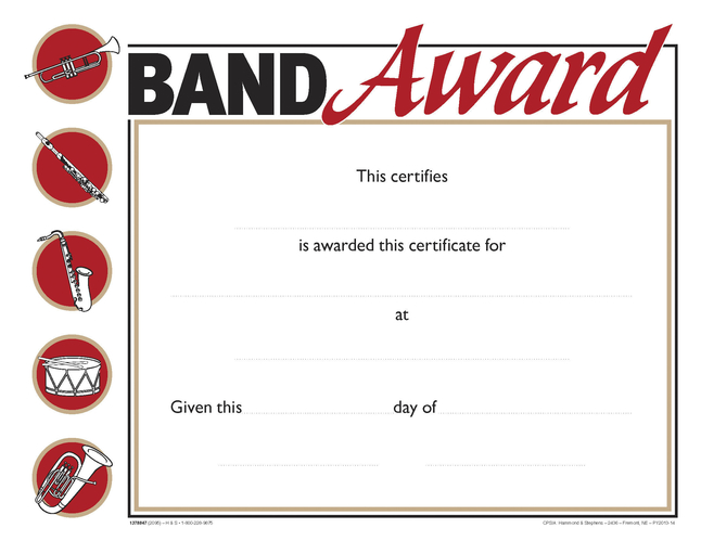 Image for Hammond & Stephens Raised Print Band Recognition Award, 11 x 8-1/2 inches, Pack of 25 from School Specialty