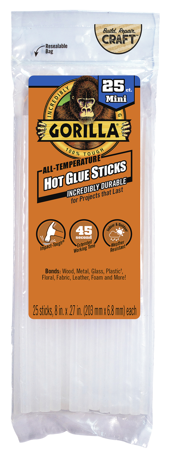 Gorilla Glue 8 Inch Mini Hot Glue Sticks, Pack of 25, Item Number 2103234