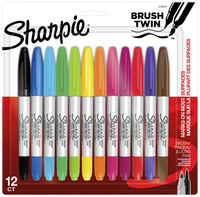 Sharpie Brush Twin Permanent Markers, Brush/Ultra-Fine Tip, Assorted Colors, Set of 12, Item Number 2103378
