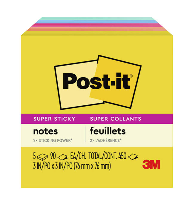 Image for Post-it Super Sticky Notes, 3 x 3 Inches, Summer Joy, 5 Pads per Pack, 90 Sheets per Pad from School Specialty