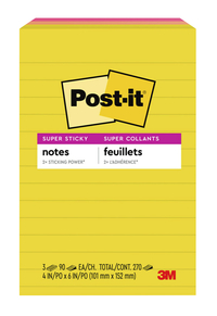 Post-it Super Sticky Notes, 4 x 6 Inches, Summer Joy, Lined 3 Pads per Pack, 90 Sheets per Pad, Item Number 2104164