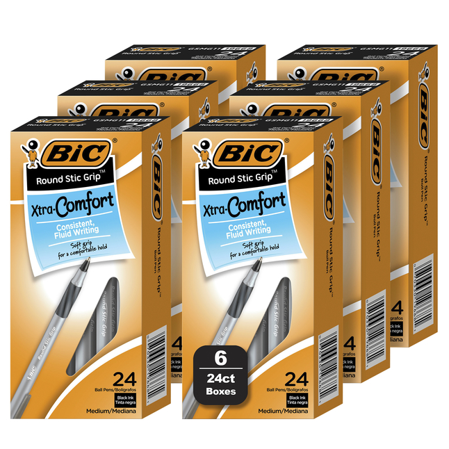 Image for BIC Round Stic Grip Xtra Comfort Black Ballpoint Pens Medium 1.0 mm, 144 Count Bulk Pack from School Specialty