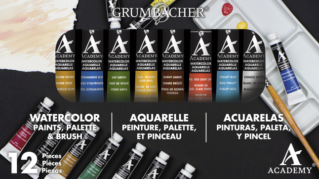 Grumbacher Academy Non-Toxic Watercolor Paint Set, 0.25 oz Tube, Assorted Colors, Set, Item Number 236667