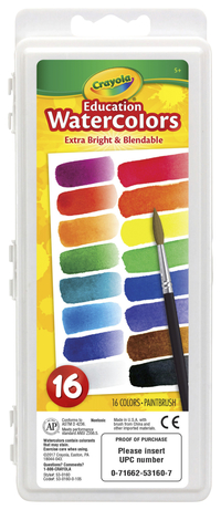 Crayola Semi-Moist Watercolor Paint in Oval Pans, 16 Assorted Brilliant Colors, Item Number 245680