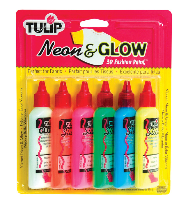 Tulip Washable Slick Neon and Glow 3D Fabric Paint Set, Assorted Colors, Set  of 6