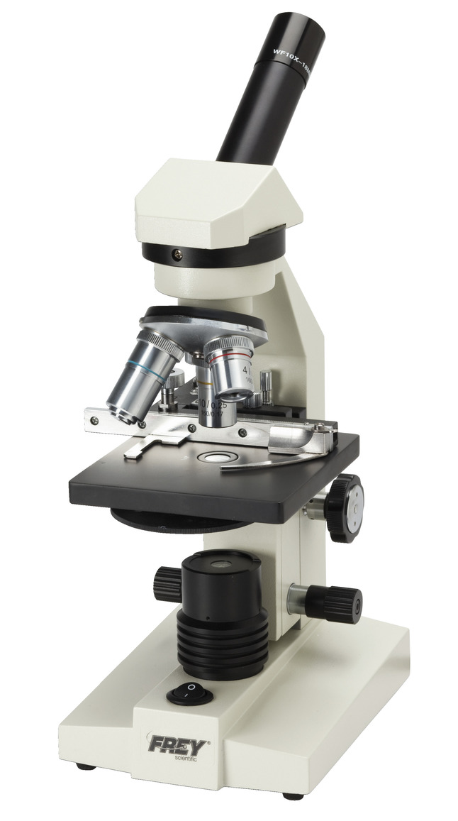 Image for Frey Scientific Monocular LED Student Microscope with Mechanical Specimen Holder, 4x, 10x, and 40xR Objectives from School Specialty