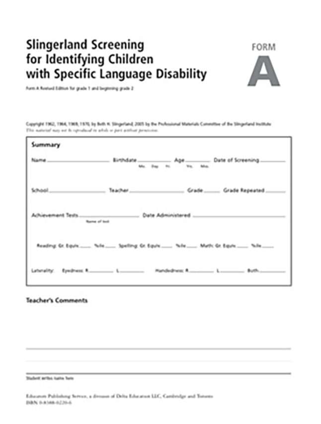 Image for Slingerland Screening Tests, Form A, Grade 1 and Beginning Grade 2, Pack of 12 from SSIB2BStore