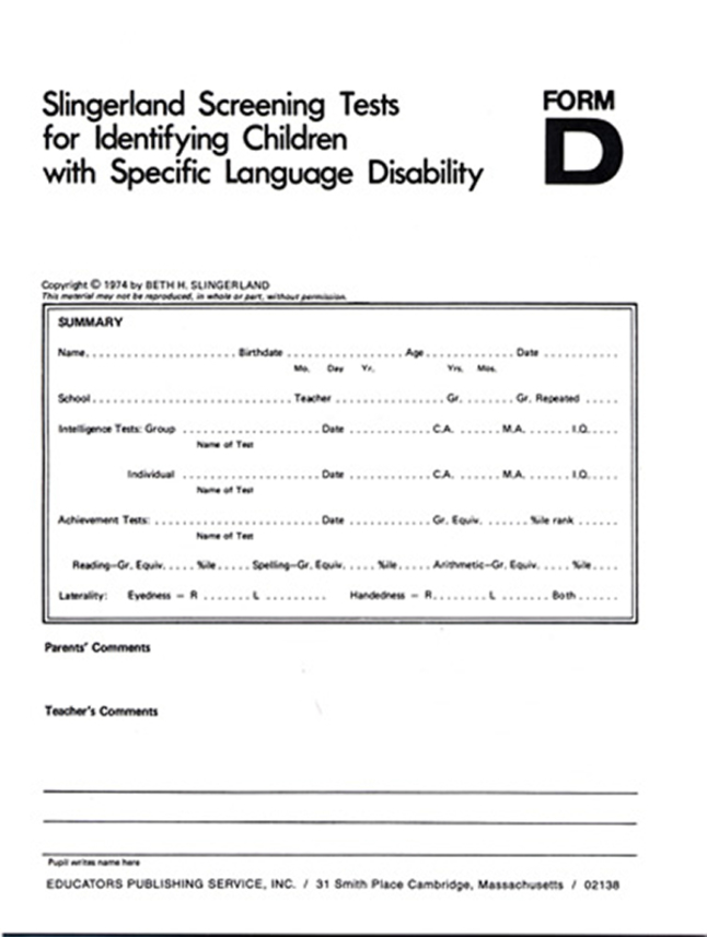 Image for Slingerland Screening Tests, Form D, Grades 5 and 6, Pack of 12 from SSIB2BStore