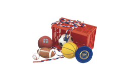 Crate of sports equipment.