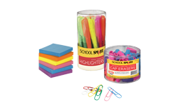 School Smart highlighters, pencil erasers, and Post-it notes. 